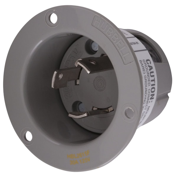 Flanged Locking Inlet, 30 A, 125V AC, Single Phase, 2 Pole, Flush Mount, Screw Terminals, Gray